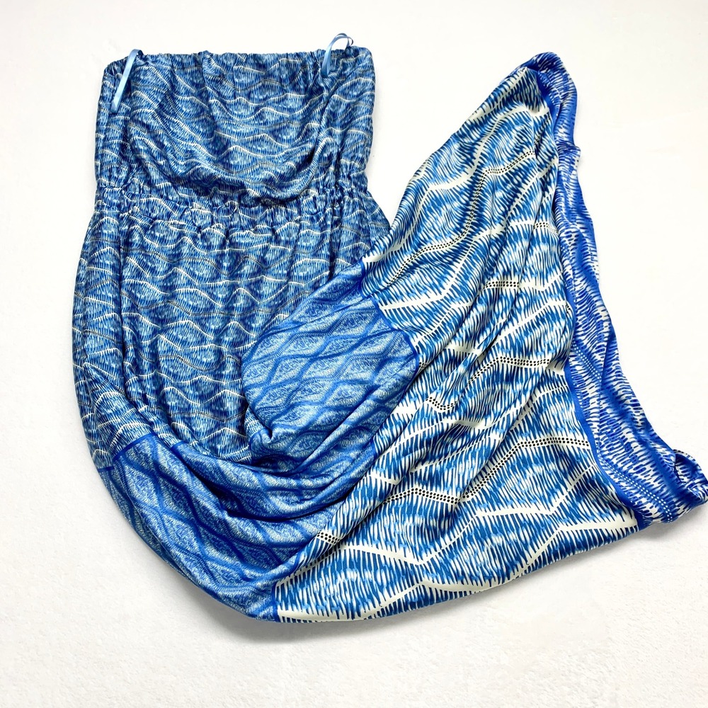 Aqua Strapless Maxi Dress Womens Size M Blue Geometric Ikat Print Polyester